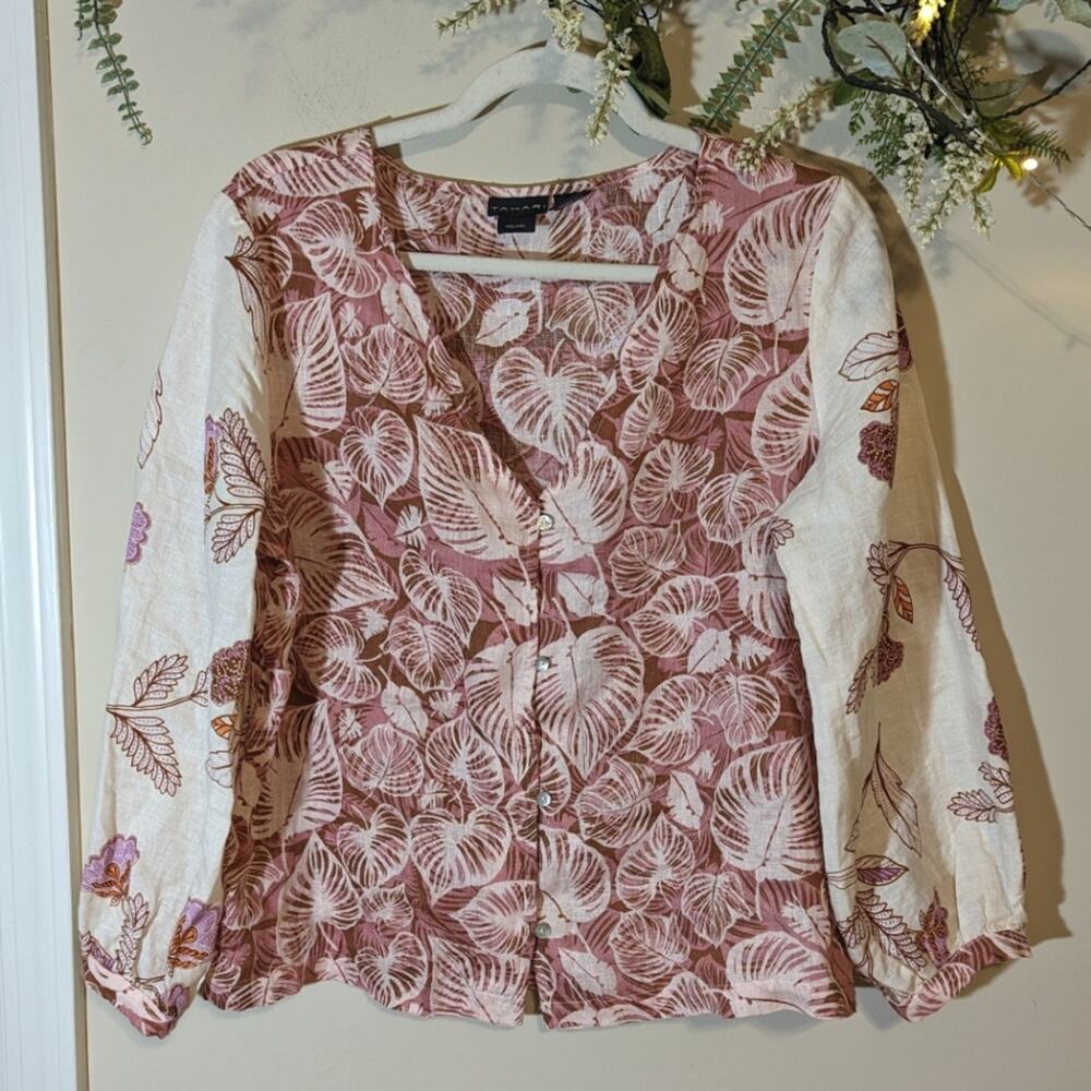 Tahari Linen Boho Leaf Print Tropical Lightweight Long Sleeve Blouse